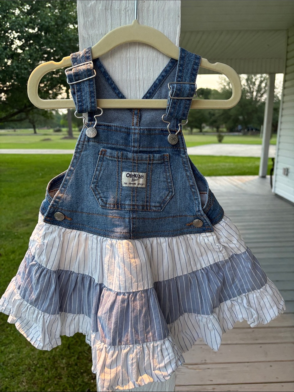 OshKosh B'gosh Blue Denim Overall Dress with White & Light Blue Striped Skirt